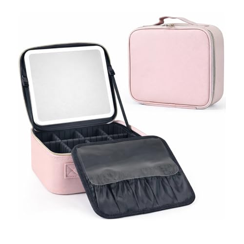 GREENSAPPIRE Travel Makeup Bag with LED Mirror Vanity Case with 3 Color Light Modes Adjustable Dividers Makeup Case for Women Travel Makeup Organiser Bag for Brushes Jewelry Toiletries (Pink)