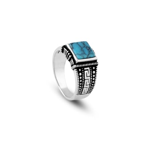 Jewellery Pit - Bague pour petit doigt en argent 925 - Bague pour homme en turquoise, pierre précieuse polie et gravée, design vintage fait à la main, style...