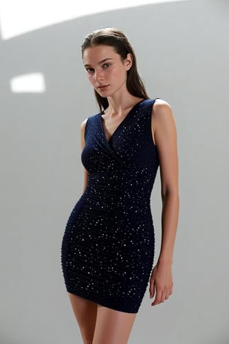 Women’s Sequin Sleeveless V Neck Short Dress Elegant Glitter Bodycon Ruched Party Cocktail Mini Dress3