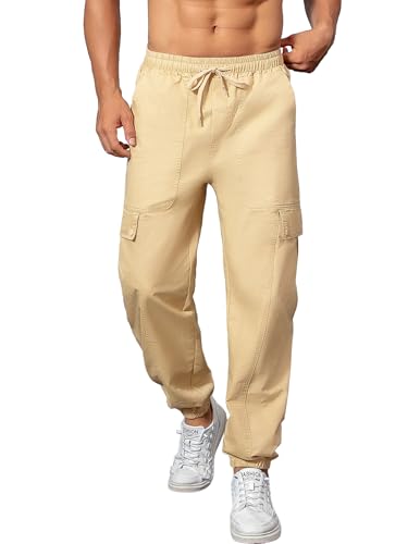 YYA Men's Streetwear Cargo Pants with Flap Pockets & Drawstring Elastic Waist Casual & Techwear Joggers Khaki L4