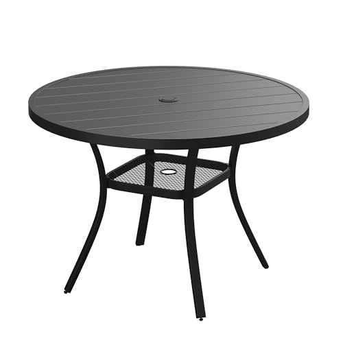 VICLLAX 41.2"x 28" Outdoor Round Patio Table for Lawn Garden, All Weather Metal Round Patio Dining Table with Adjustable Umbrella Hole, Patio Table for 4 Person, Black Tabletop