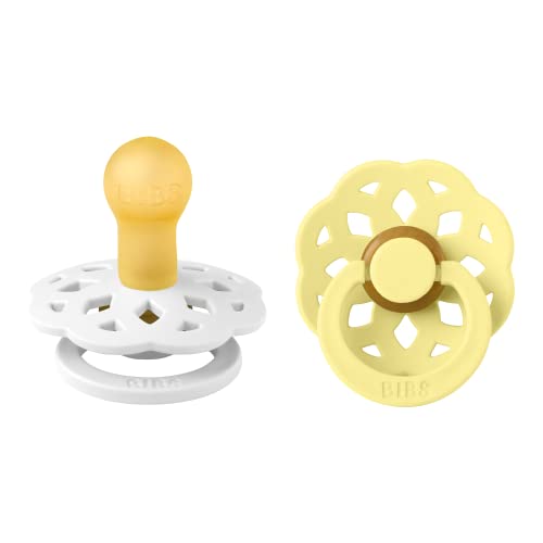 Image of BIBS Boheme Pacifiers 2 Pack BPA Free Cherry Shape Nipple Natural Rubber Latex Made in Denmark |White/Sunshine | Size 0-6 Months