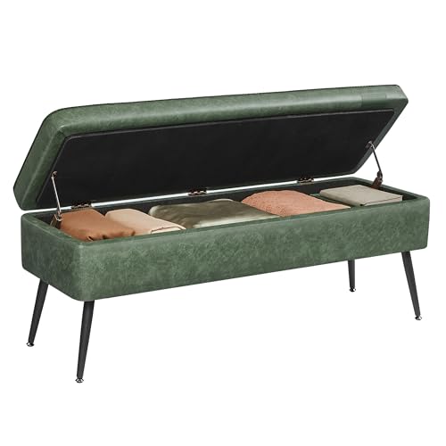 VASAGLE EKHO Collection - Storage Ottoman Bench, Entryway Bedroom Bench, 15 Gallons, Synthetic Leather with Stitching, Mid-Century Modern, Safety Hinges, Loads 660 lb, Forest Green ULOM074C01