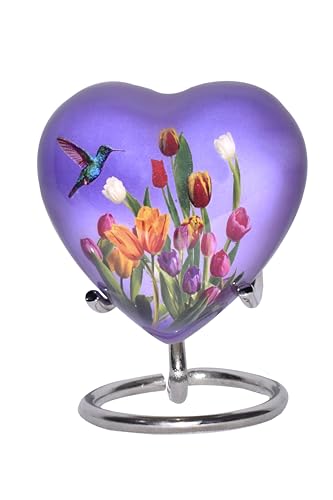 Image of Bold & Divine Purple Hummingbird Heart Keepsake Urn - Mini Heart Cremation Urn with Stand & Premium Box - Small Keepsake Urn - Honor Your Loved One with Urn Heart Shaped - Perfect for Adults & Infants