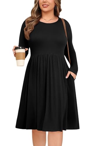 POSESHE Women's Plus Size Dresses Long Sleeves Crew Neck Casual Dresses Empire Waist Loose Flowy Dress with Pockets2