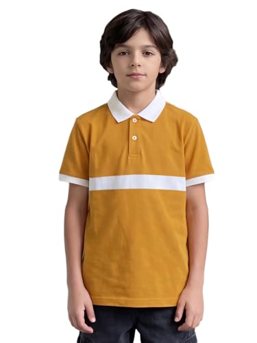 Image of Li'l Tomatoes Boys Polo T-Shirt 100% Cotton Pique Tee | Color Block Stripe Printed Collar Neck T-Shirt | Soft & Breathable Casual Summer Wear | Half Sleeve Stylish Polo Tee | Mustard | 9-16 Years