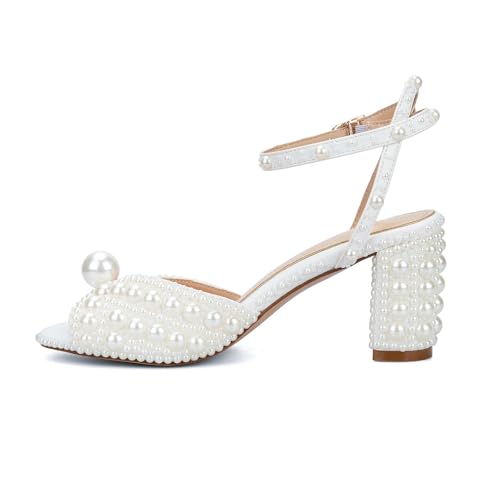 Goolita Pearl Heels For Women Mid Block Ankle Strap Heeled Sandals Round Open Toe Party Evening Bridal Shoes For Wedding2