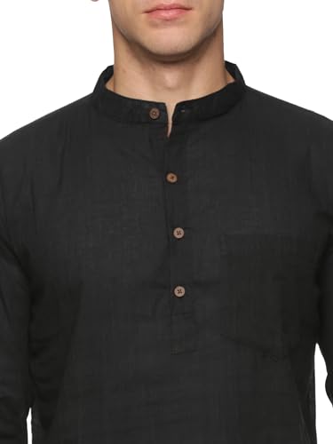 Men's Cotton Handloom Kurta Short Solid Khadi Kurta Mandarin Collar Full Sleeves Side Split Indian Tunic Ethnic Wear for Wedding Party - Medium (Black)3