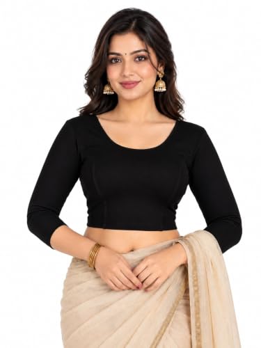 Image of Abhi Cotton Readymade Saree Blouse for Women- 3 /4 Sleeve, Round Neck, Regular-fit, Stretchable, Pull-on Style