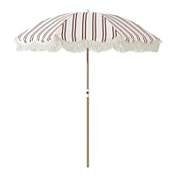 6.5FT Striped Beach Umbrella with Fringe, UPF 50+ Sun Protection, Adjustable Height and Tilt Design, Wind-Resistant Fiberglass Ribs, Sturdy Wood Grain Iron Pole, Lightweight & Portable with Carry Bag, Base Not Included