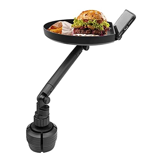 Macally Cup Holder Tray for Car - Enjoy Your Meal and Stay Organized - Adjustable Car Tray Table with 9" Surface, Phone Slot, and 360° Swivel Arm - Car Food Table for Cup Holders 3" to 4.1" Wide
