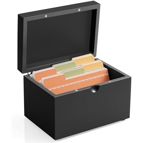 DRASTAR Index Card Holder 3x5, Wooden Index Card Organizer Box with 45 Index Card Dividers, Flashcard Notecard Holders for Home Office, Black Cover