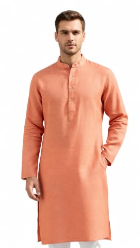 Image of Men's Linen Kurta Full Sleeve Mandarin Collar Relaxed Fit Wedding Festive
