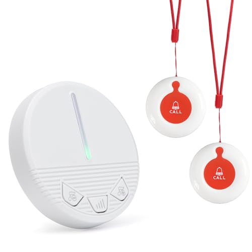 CYSSJF Pulsante Di Chiamata Wireless, Cercapersone Per Badanti, Pulsante Allarme Anziani, Allarme Bagno Disabili, Sos Per Anziani Al Collo (2 Pulsante Emergenza+1 Ricevitore)