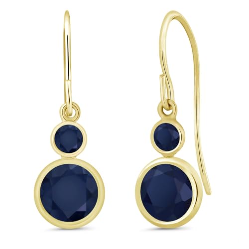 Gem Stone King 14K Yellow Gold Blue Sapphire Drop Dangle Earrings For Women | 2.50 Cttw | Gemstone September Birthstone | Round 6MM and 3MM