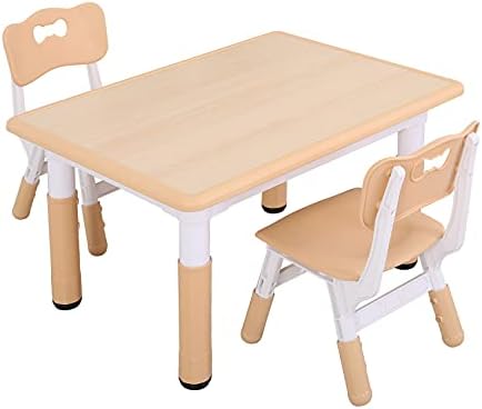 UNICOO - Kids Study Table and Chairs Set, Height Adjustable Plastic Children Art Desk with 2 Seats, Multi Activity Table Set (Maple TOP with Natural Border) BY-60-MN