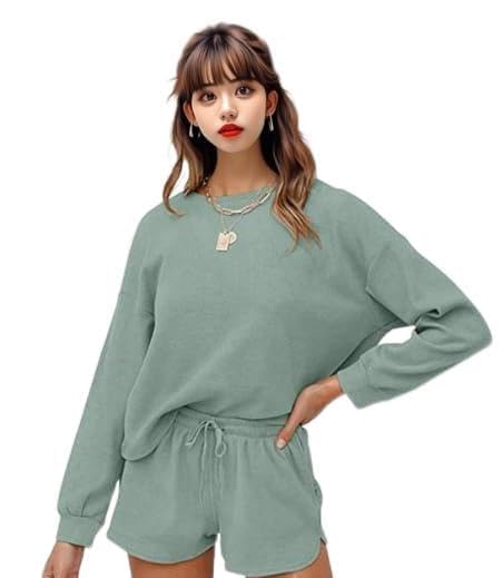 ZESICA Women's Waffle Knit Long Sleeve Top and Shorts Pullover Nightwear Lounge Pajama Set with Pockets,Green,Medium