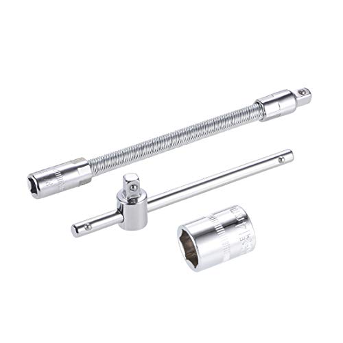 sourcing map Socket Accessory Set of 3 Pcs, 14mm 6-Point Shallow Socket 4.5´´ Sliding Wrench Breaker Bar 6´´ Flexible Extension Bar with 1/4´´ Drive