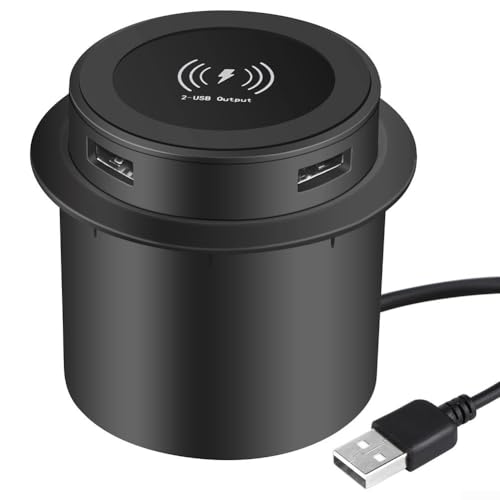 Cargador inalámbrico para encimera con función 3 en 1, diseño integrado, bloque oculto y 2 puertos USB 5V2A para teléfonos y accesorios