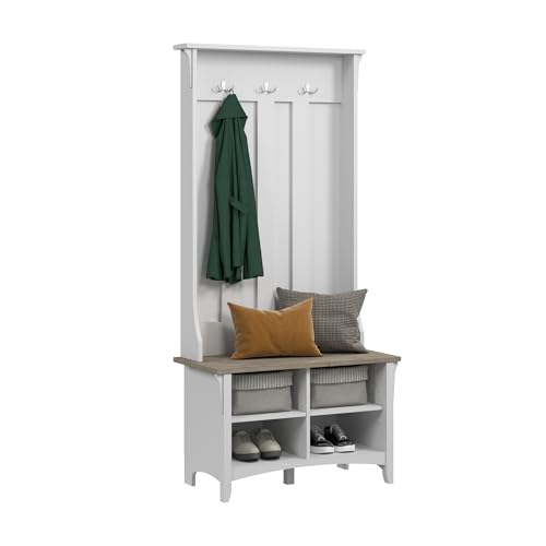 Bush Furniture Salinas Hall Tree with Shoe Storage Bench in Shiplap Gray and Pure White,...