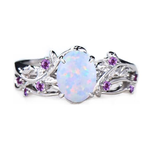 Fire Opal Engagement Ring Set Natural Inspired Leaf Personalized Silver 10K 14K 18K Gold Opal Ring Cluster Amethyst Opal Wedding Ring Set for Women