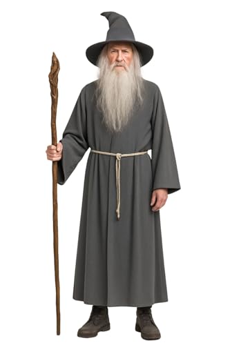Gandalf Herren Kostüm Grau Robe Hut Gürtel Zauberer Hexer Magier Hexenmeister Männer Größe:L/XL