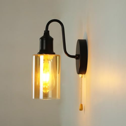 Image of Vintage Glass Wall Sconces with Pull Chain Switch,Bathroom Vanity Wall Light Fixtures for Kitchen Living Room Bedroom Bath Hallway (Amber-10CM)