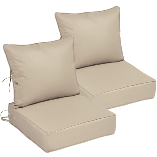 Image of 24x24 Outdoor Chair Cushions Set of 2, Waterproof Deep Seat Cushions for Patio Furniture with Removable Cover, Fade Resistant 4'' Outdoor Seat Cushion with Ties Handle for Wicker Sofa Couch,Khaki
