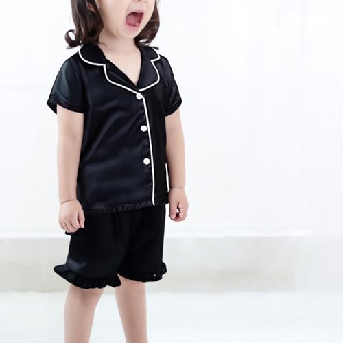 Boys Girls Silk 𝐏ajamas Set Plain Summer 𝐏js Short Sleeve Button