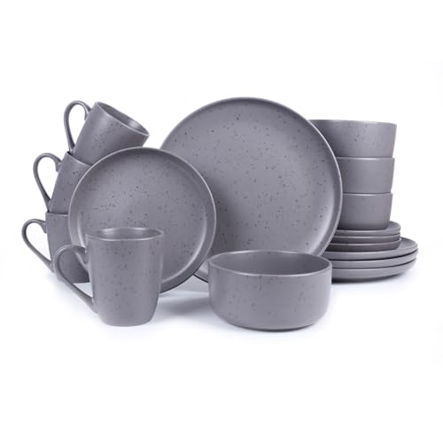 Royalford 16 Piece Stoneware Dinnerware Set - Kitchen Dinner Set, Stoneware Tableware Crockery - Includes 4 Dinner Plates, 4 Dessert Plates, 4 Cereal Bowl and 4 Mugs, Grey