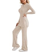 Women 2 Piece Outfits Knit Lounge Sets Long Sleeve Side Slit Crew Neck Pullover Top & Flare Pant ...