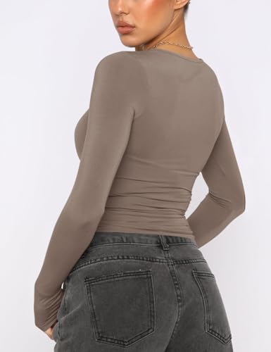 Image of AKEWEI Long Sleeve Crop Tops for Women 2 Pack Fall Going Out Outfits Cute Tight Basic Tees Shirt
