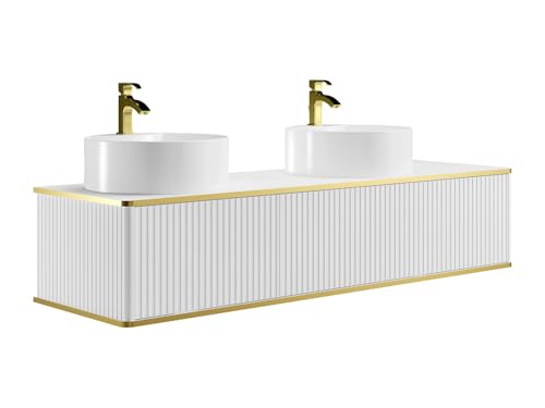 Vente-unique-Mobile bagno sospeso con scanalature con profilo dorato 2 cassetti con doppio lavabo da appoggio tondo - Bianco - 150 cm - KELIZA