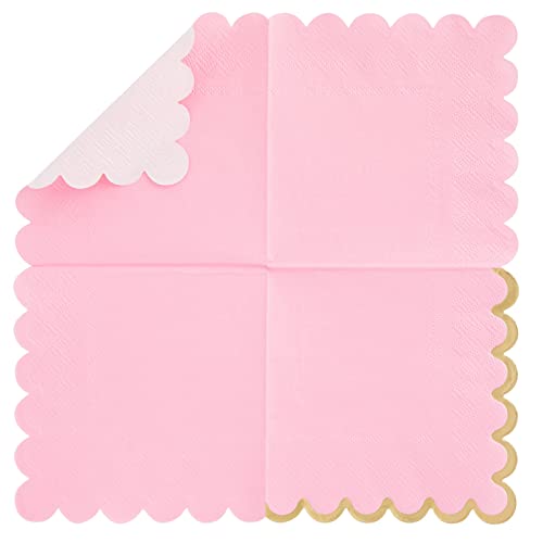 Sparkle And Bash 100 Pack Pink Scalloped Cocktail Napkins With Gold Foil Accents For Bridal And Baby Shower (3-Ply, 5 X 5 In) #TOP5
