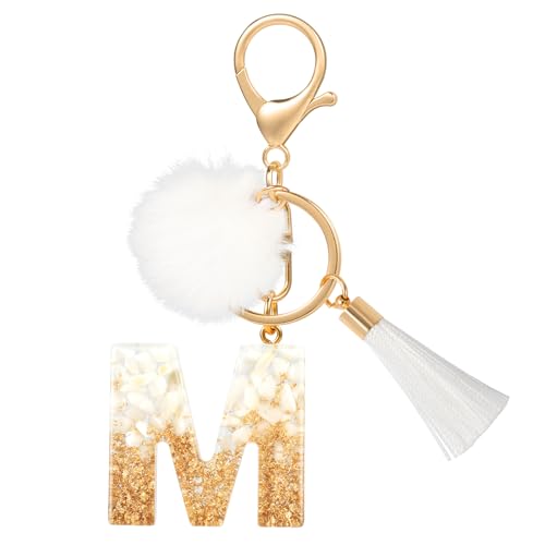 MWOOT M Porte Clé Lettre Peluche Tassel, Initial Résine Or Blanc Keychain Personnalisé, Porte Clef Lettre M Pendentif Décoratif, Porte Clef Kawaii Voiture Charm, Idee Cadeau D'Anniversaire pour Femme