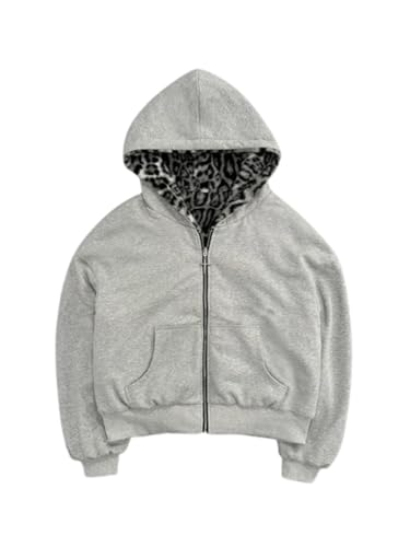 Ponitrack Vintage Leopard Print Jacket Y2k Reversible Zip Up Jacket Baggy Long Sleeve Hoodie Grunge Streetwear Unisex (Grey,Large)