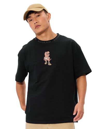 Image of The Souled Store Tea-Rex Men and Boys Short Sleeves Round Neck Black Embroidered Cotton Oversized T-Shirts