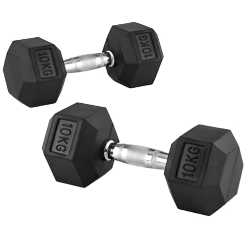 2 Mancuernas Hexagonales de 10 kg - Juego de 2 Pesas de 10 kilogramos - Set de Mancuernas con Revestimiento de Goma y Mango Inoxidable Cromado - Ideal para Entrenamiento en Casa