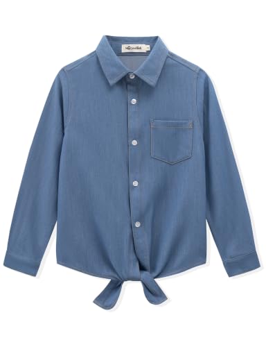 Image of Noomelfish Girls Long Sleeve Button Down Shirt Tie Front Western Tops Cowgirl Outfit (5-14 Years)