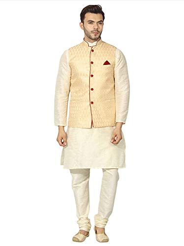 Uri and MacKenzie Men's Silk Blend Regular Kurta Churidar Pyjama with Bundi Nehru Jacket/Waistcoat