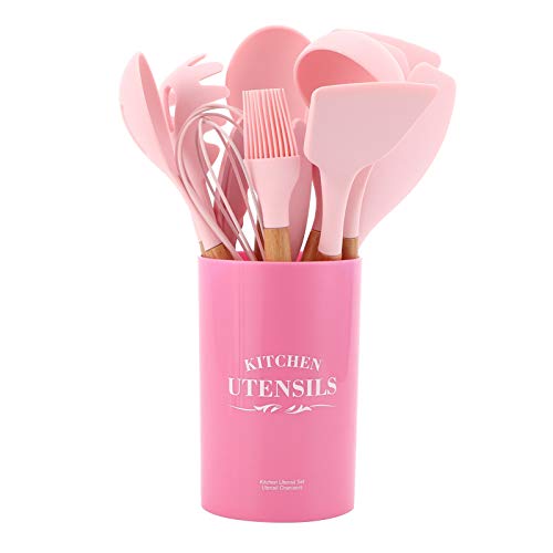 Cooking Utensil, 12PCS Spatula Silicone Wooden Kitchen Utensils Set Easy to Clean Convenient Cookware Nonstick Kitchen Gadgets Tools with Storage Container for Baking, Grilling (Pink)’