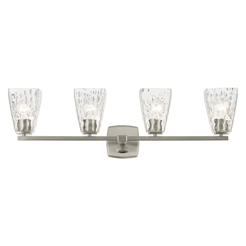 Image of Kichler Marant 33.25 inch 4-Light Bathroom Vanity Light Fixture with Clear Water Glass in Brushed Nickel, Modern Wall Mount Over Mirror for Powder Room (33.25 inch W x 9.5 inch H), 55217NIWTR