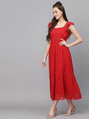 Image of Sugathari Georgette Jacquard Butti Square Neck Knee Length Western Dresses for Women (Dress2 89)