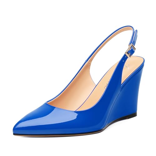 Womens Pointed Toe Wedge Heels Slingback Patent Comfortable Fashion Dating Wedge High Heel Pumps Shoes 3.35 Inch
