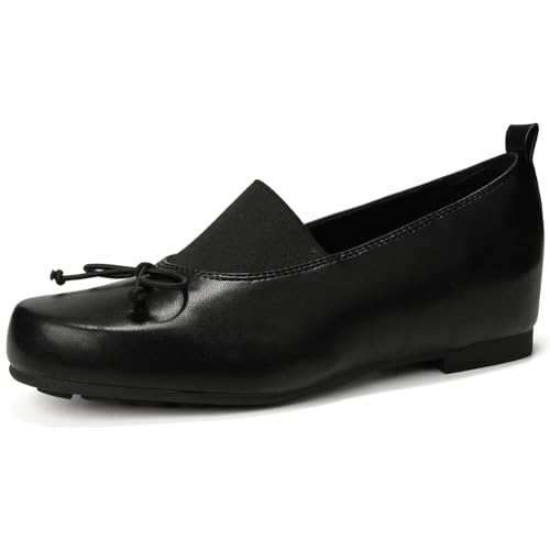 Women's Leather Bow Closed Round Toe Flats Elegant Elastic Slip On Comfortable Soft Sole Inner Heighten Dress Ballerina Flats Work Office Causal Non-Slip Walking Shoes