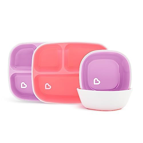 Image of Munchkin® Splash™ 4 Piece Toddler Divided Plate and Bowl Dining Set, Pink/Purple & ® Snack Catcher® Toddler Snack Cups, 2 Pack, Pink/Purple