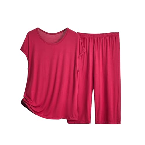 Conjunto de pijama de manga corta para mujer, camiseta de verano suave y pantalones largos, ropa de dormir ligera de 2 piezas para descansar o acostarse, rosso, XXL