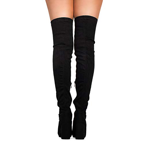 Rf Room Of Fashion Cab-21 Women's Fitted Over The Knee Thigh High Chunky Heel Stretch Boots (Regular Calf) Black Size.8.5 #TOP4