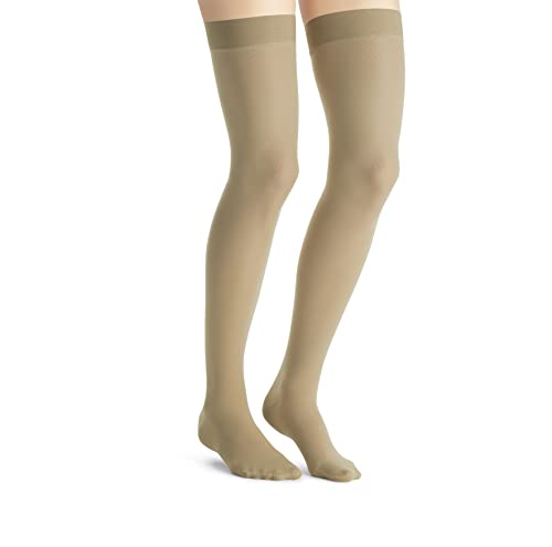 Image of Women's Ultrasheer 20-30 mmHg Thigh High Firm Support Sock with Silicone Dot Top Band Size: Large, Color: Natural