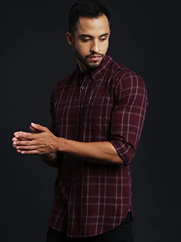 Image of THE BEAR HOUSE Men's Cotton Slim Checks Button-Down Casual Shirt |Maroon |L |TBH-Andreas-MR-L |